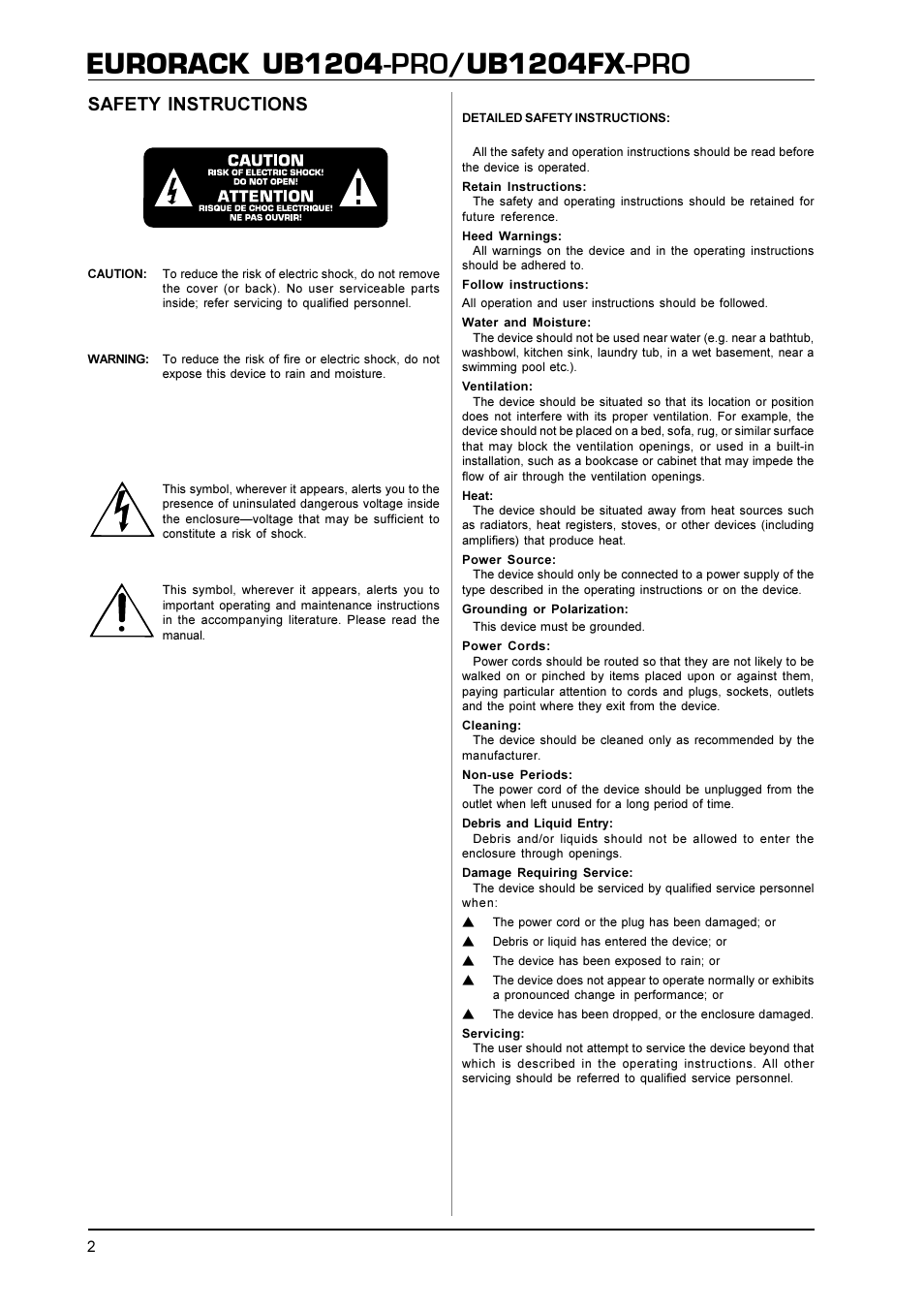Eurorack ub1204, Ub1204fx, Safety instructions | Behringer UB1204FX-PRO User Manual | Page 2 / 13