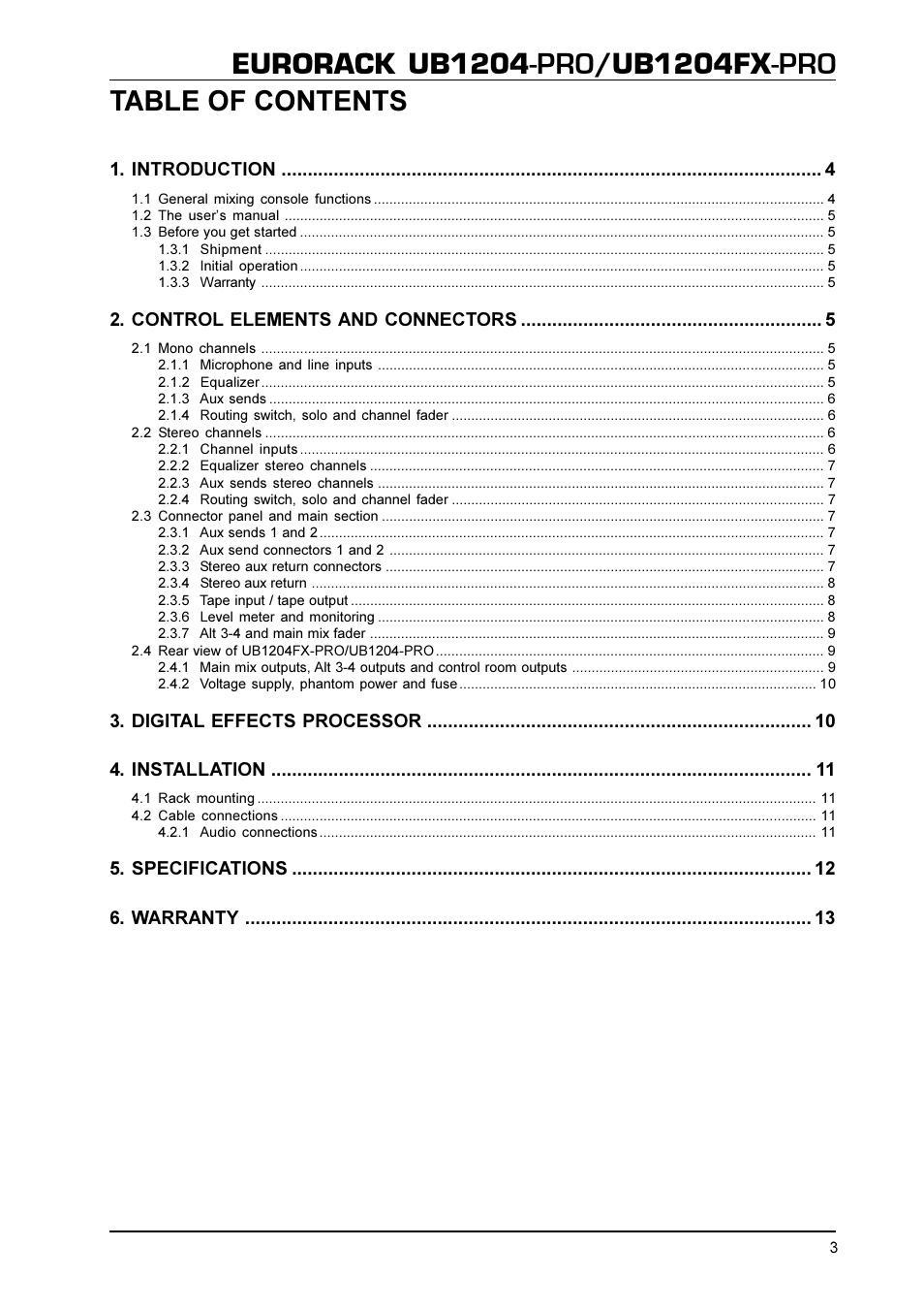 Eurorack ub1204, Ub1204fx, Pro table of contents | Behringer UB1204FX-PRO User Manual | Page 3 / 13
