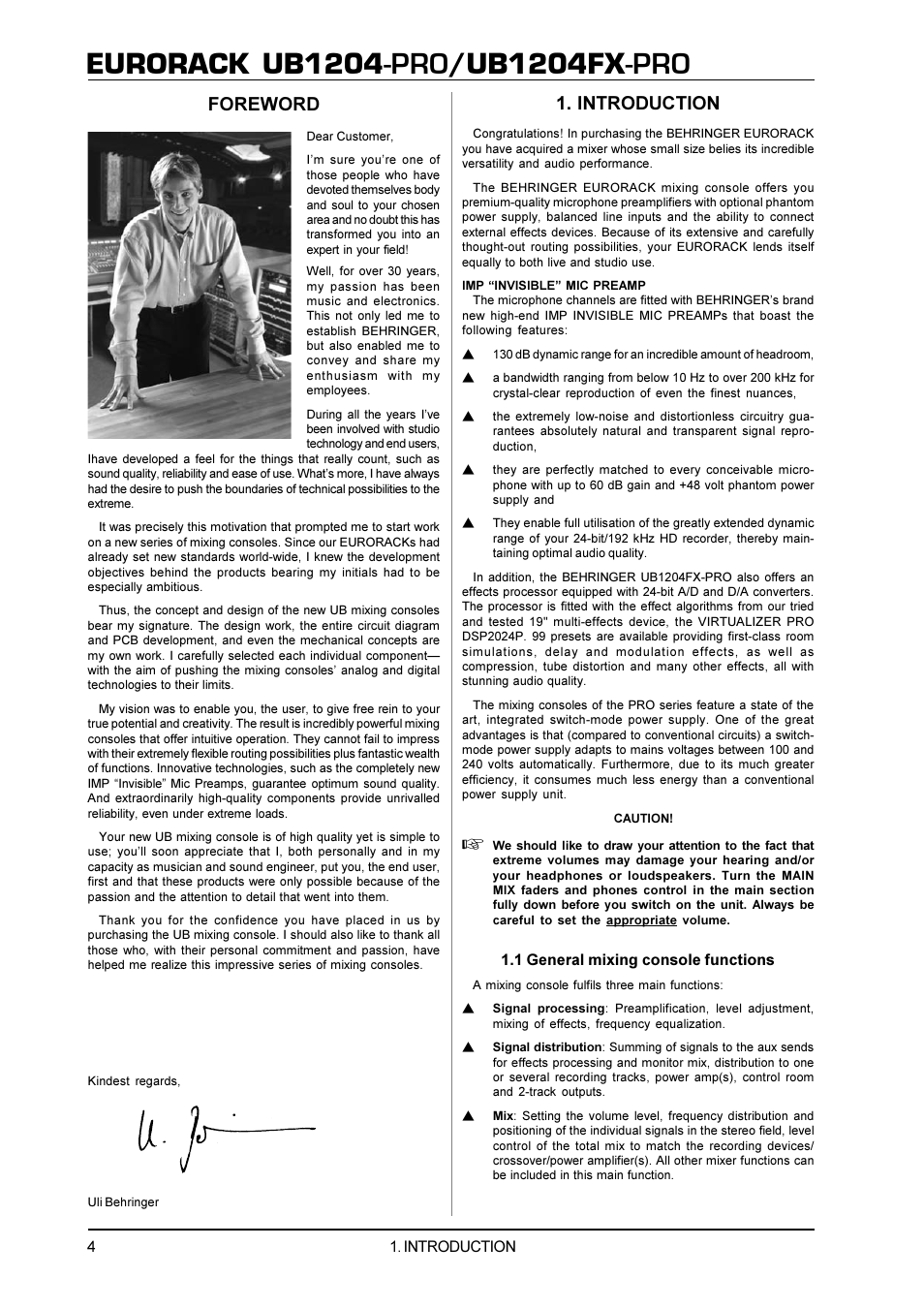 Eurorack ub1204, Ub1204fx, Introduction | Foreword | Behringer UB1204FX-PRO User Manual | Page 4 / 13