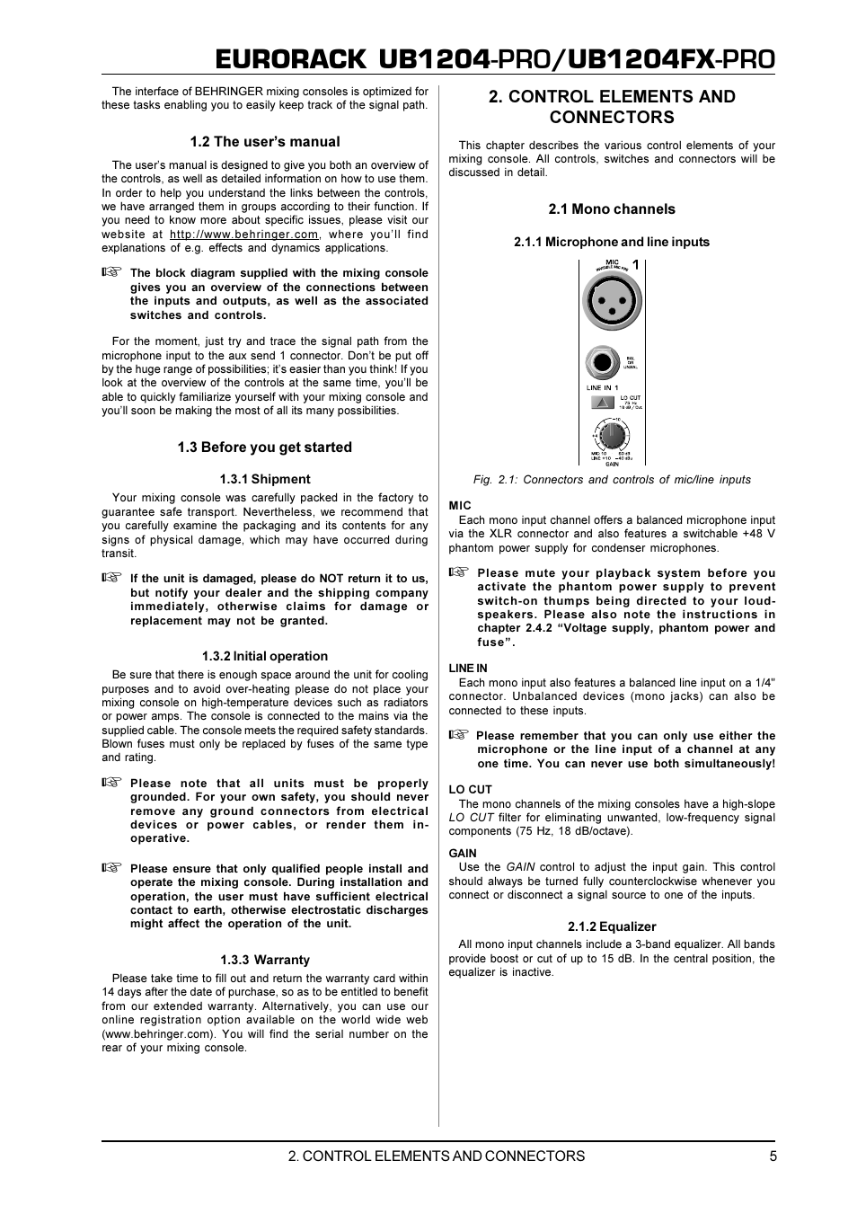 Eurorack ub1204, Ub1204fx, Control elements and connectors | Behringer UB1204FX-PRO User Manual | Page 5 / 13