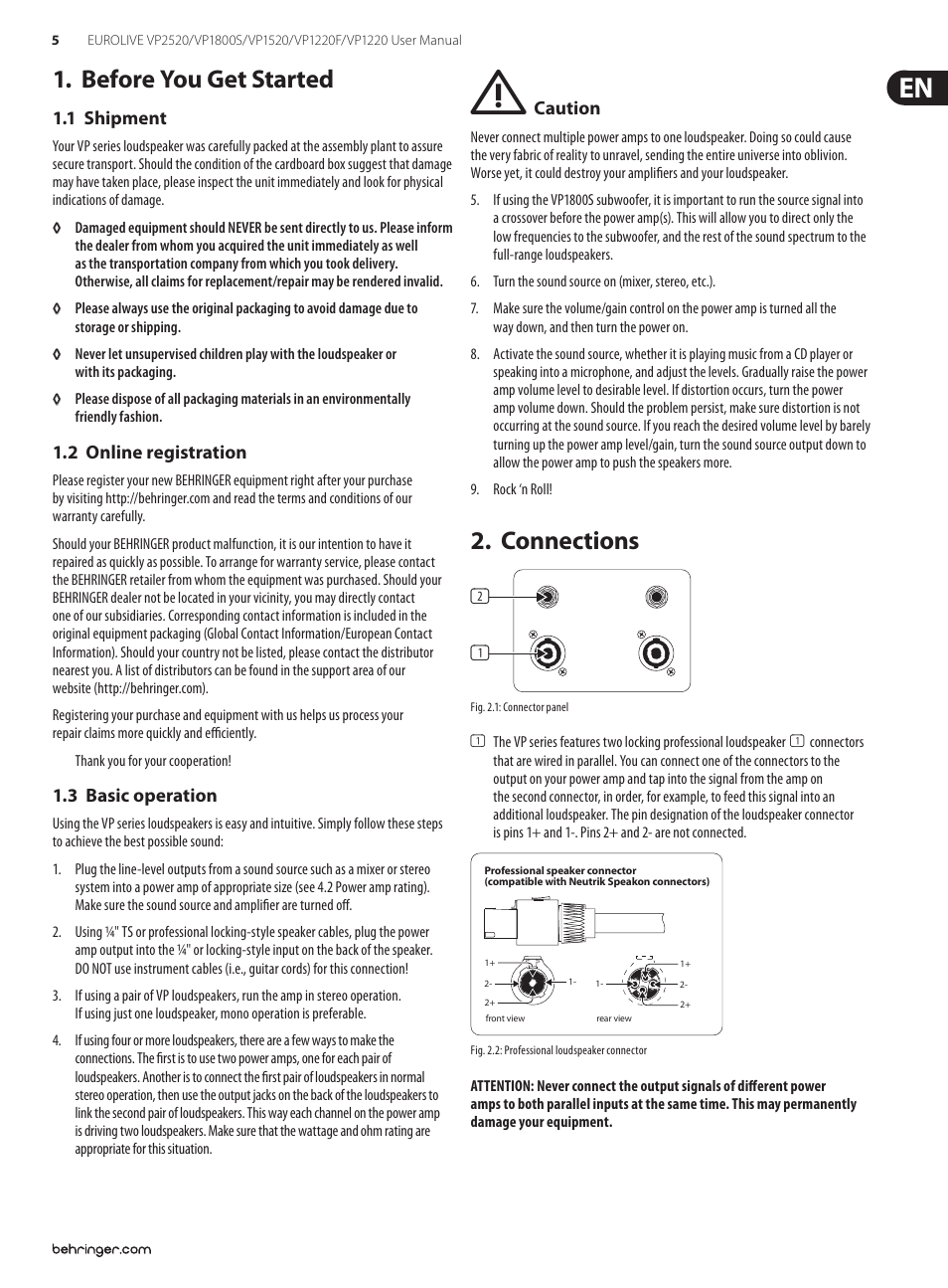 Before you get started, 1 shipment, 2 online registration | 3 basic operation, Connections | Behringer Eurolive VP1220F User Manual | Page 5 / 11