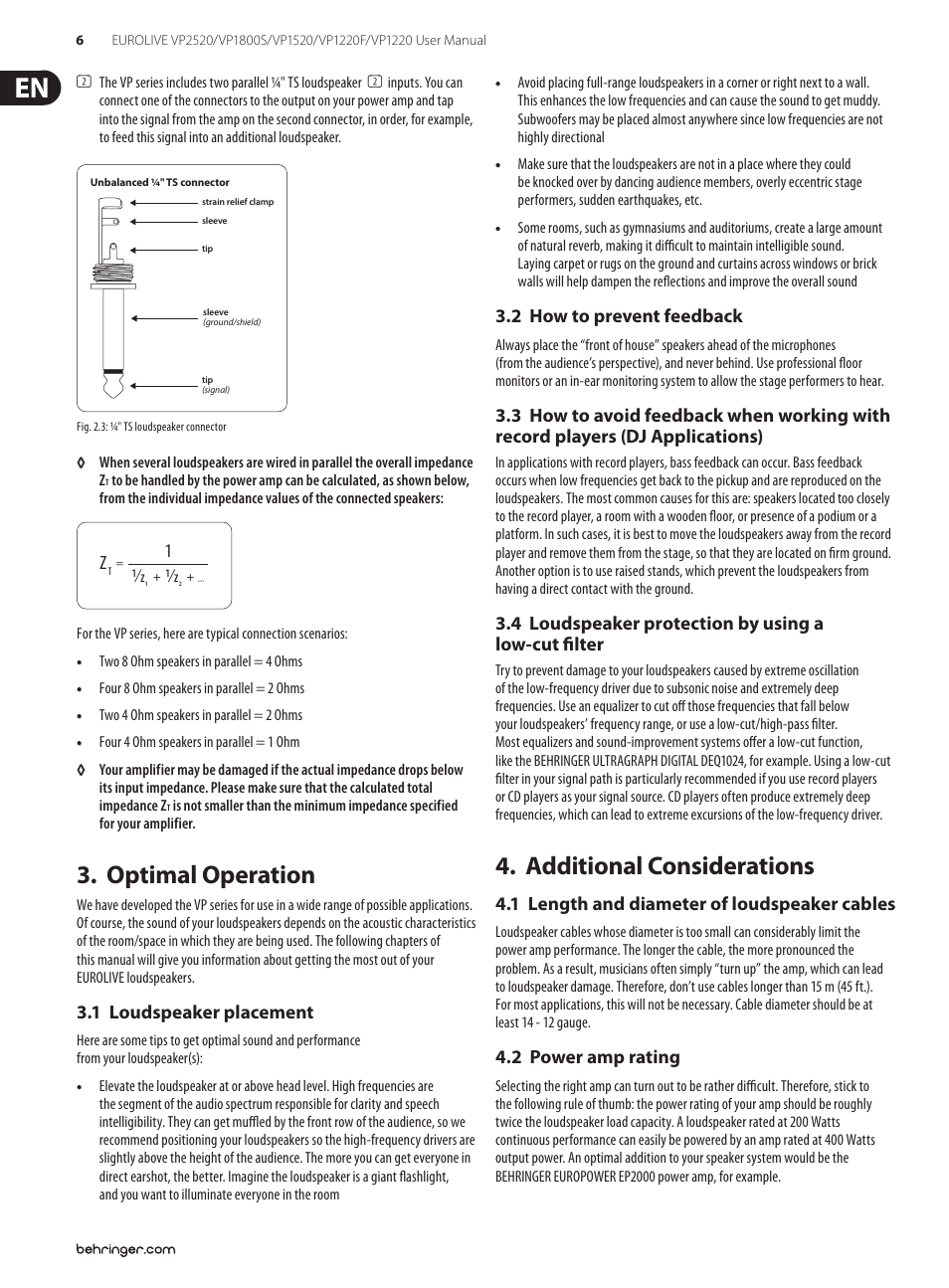 Optimal operation, 1 loudspeaker placement, 2 how to prevent feedback | 4 loudspeaker protection by using a low-cut filter, Additional considerations, 1 length and diameter of loudspeaker cables, 2 power amp rating | Behringer Eurolive VP1220F User Manual | Page 6 / 11