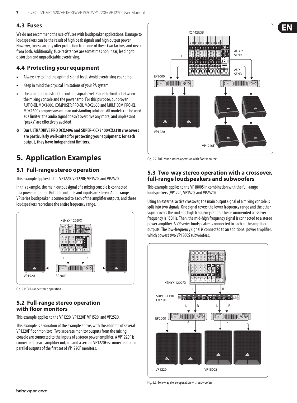 3 fuses, 4 protecting your equipment, Application examples | 1 full-range stereo operation, 2 full-range stereo operation with floor monitors, 3 fuses 4.4 protecting your equipment, Full-range loudspeakers and subwoofers | Behringer Eurolive VP1220F User Manual | Page 7 / 11