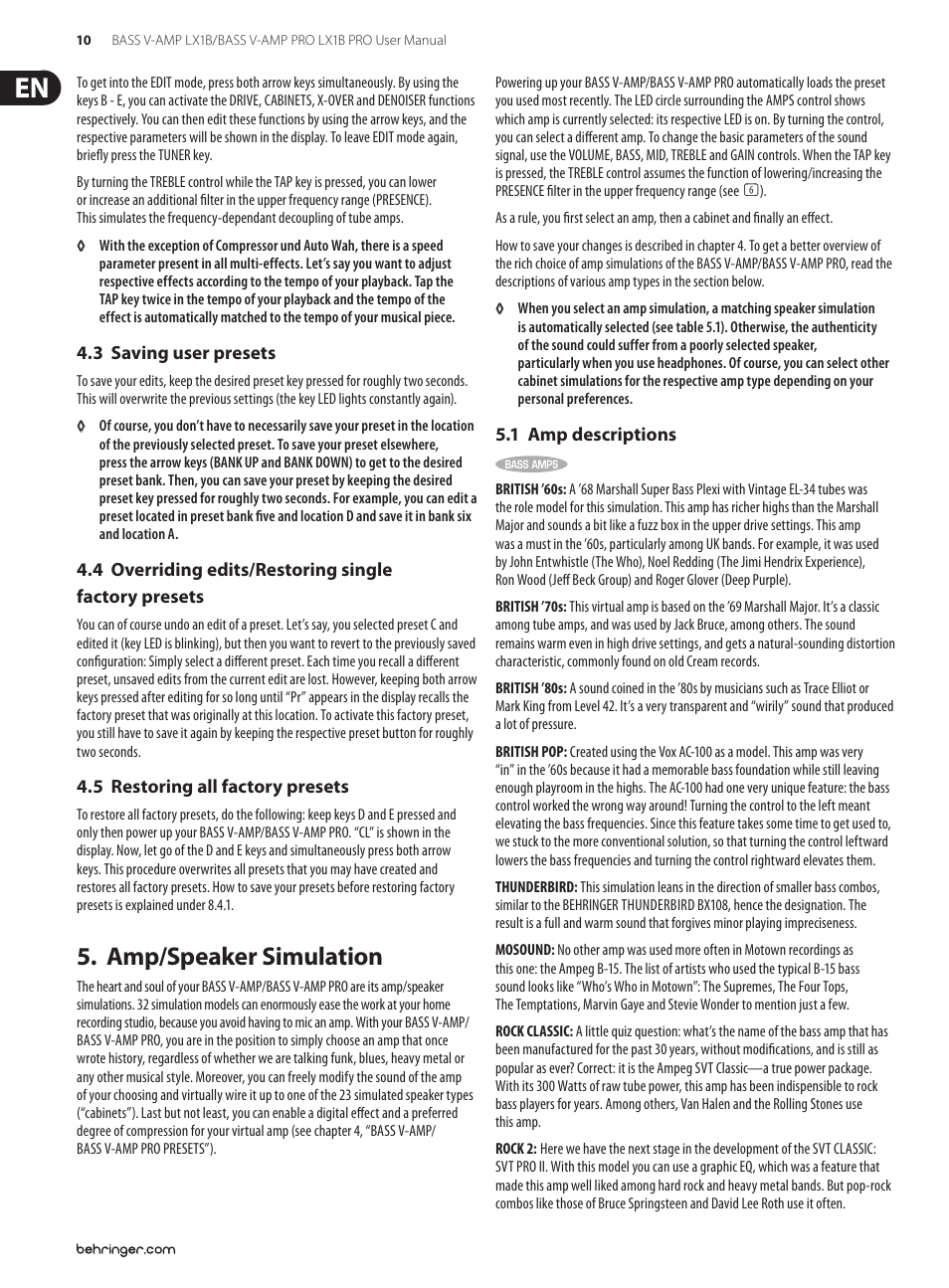 3 saving user presets, 5 restoring all factory presets, Amp/speaker simulation | 1 amp descriptions, 3 saving user presets 4.4 overriding edits | Behringer LX1B PRO User Manual | Page 10 / 23