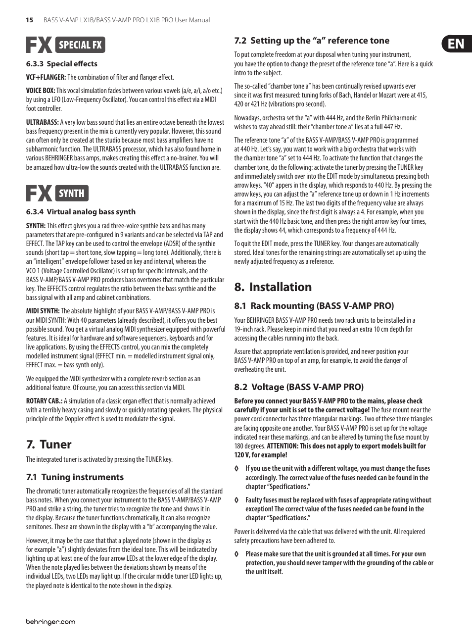 Tuner, 1 tuning instruments, 2 setting up the “a” reference tone | Installation, 1 rack mounting (bass v-amp pro), 2 voltage (bass v-amp pro) | Behringer LX1B PRO User Manual | Page 15 / 23