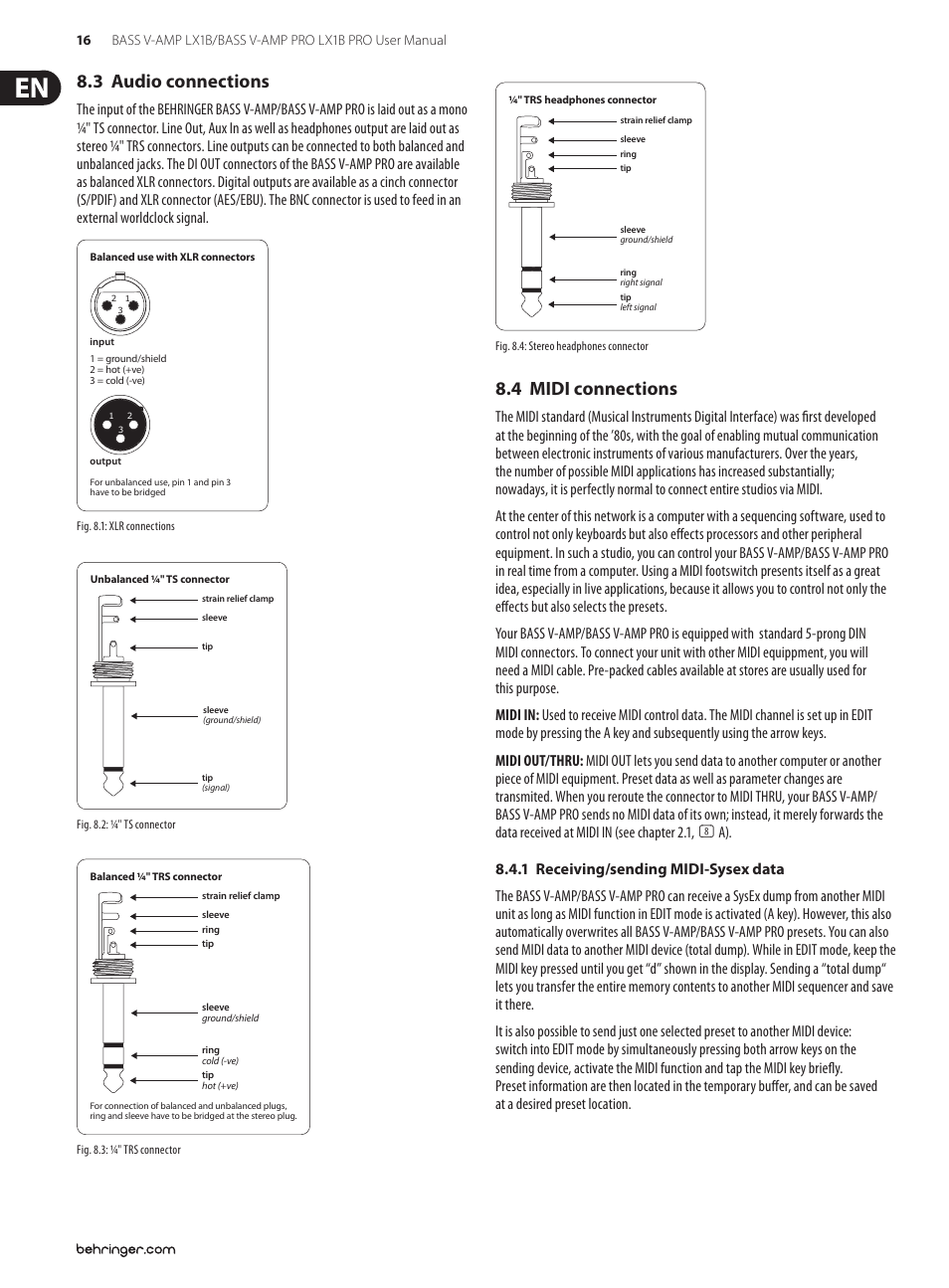 3 audio connections, 4 midi connections, 3 audio connections 8.4 midi connections | Behringer LX1B PRO User Manual | Page 16 / 23