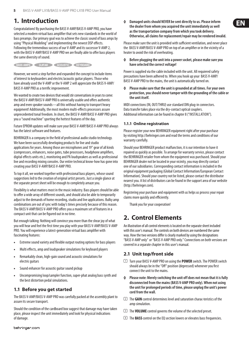 Introduction, 1 before you get started, Control elements | 1 unit top/front side | Behringer LX1B PRO User Manual | Page 5 / 23