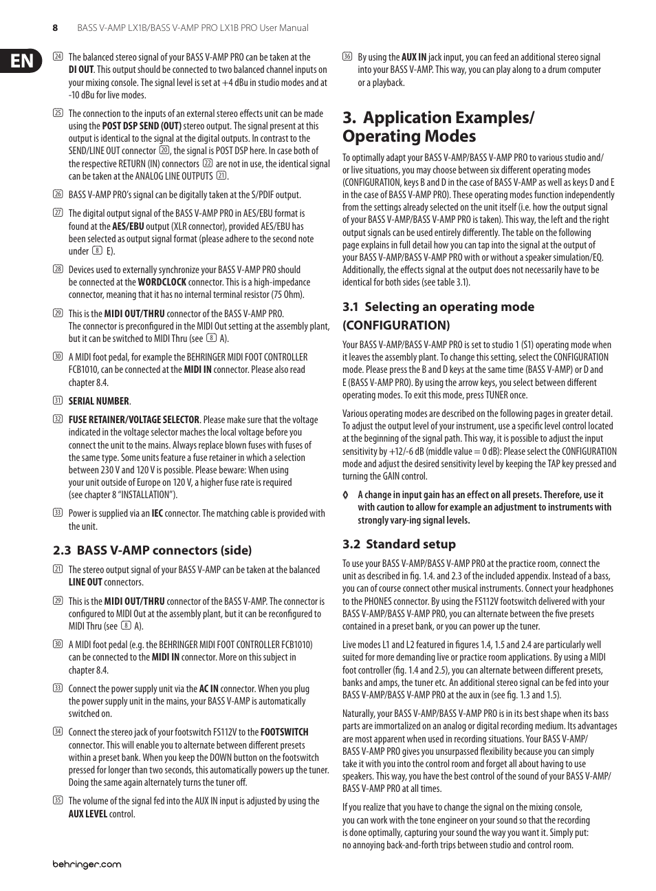 3 bass v-amp connectors (side), Application examples/ operating modes, 1 selecting an operating mode (configuration) | 2 standard setup, Application examples/operating modes | Behringer LX1B PRO User Manual | Page 8 / 23