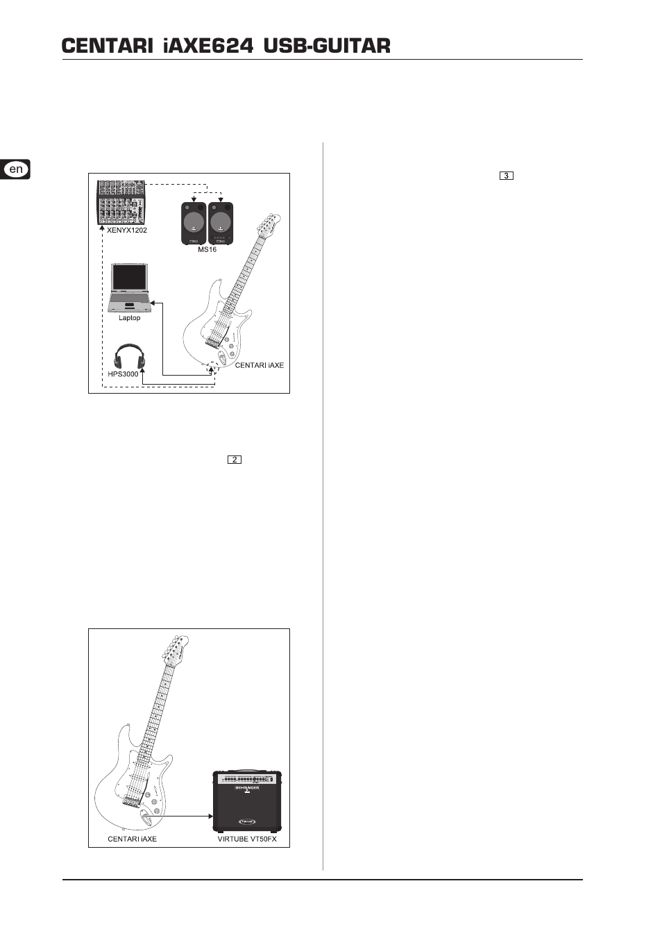 Application examples, 1 operation of the usb connector, 2 connection to a guitar amp | 3 using the iaxe624 with a behringer v-amp, Centari iaxe624 usb-guitar | Behringer CENTARI IAXE624 User Manual | Page 4 / 6