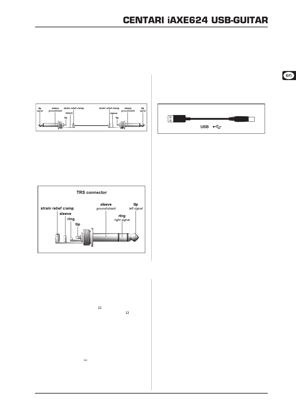 Audio connections, 1 wiring, 2 headphone connection | 3 usb cable, Specifications, Warranty, Centari iaxe624 usb-guitar | Behringer CENTARI IAXE624 User Manual | Page 5 / 6