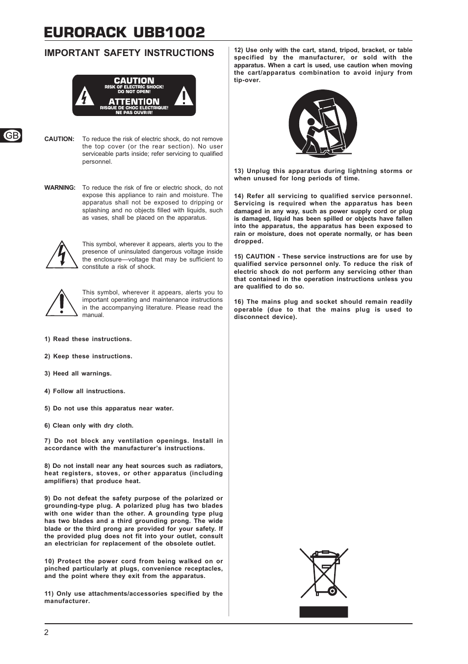 Eurorack ubb1002, Important safety instructions | Behringer EURORACK UBB1002 User Manual | Page 2 / 8