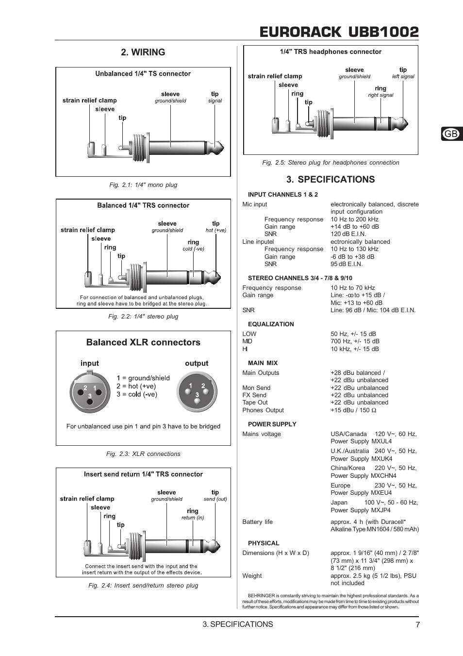 Eurorack ubb1002, Wiring, Specifications | Behringer EURORACK UBB1002 User Manual | Page 7 / 8