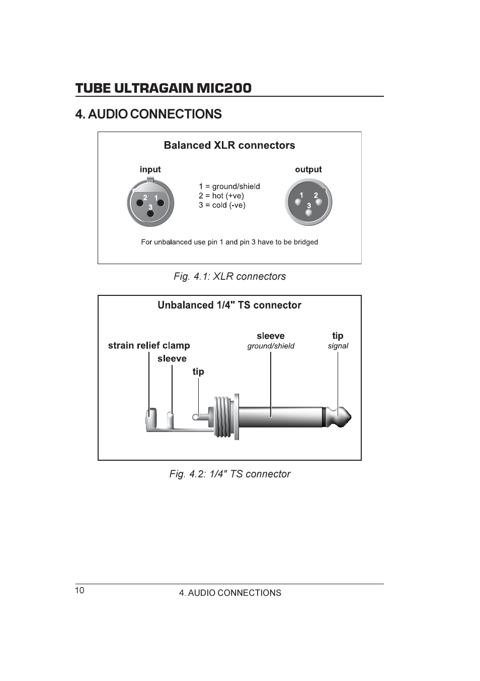 Tube ultragain mic200, Audio connections | Behringer MIC200 User Manual | Page 10 / 12