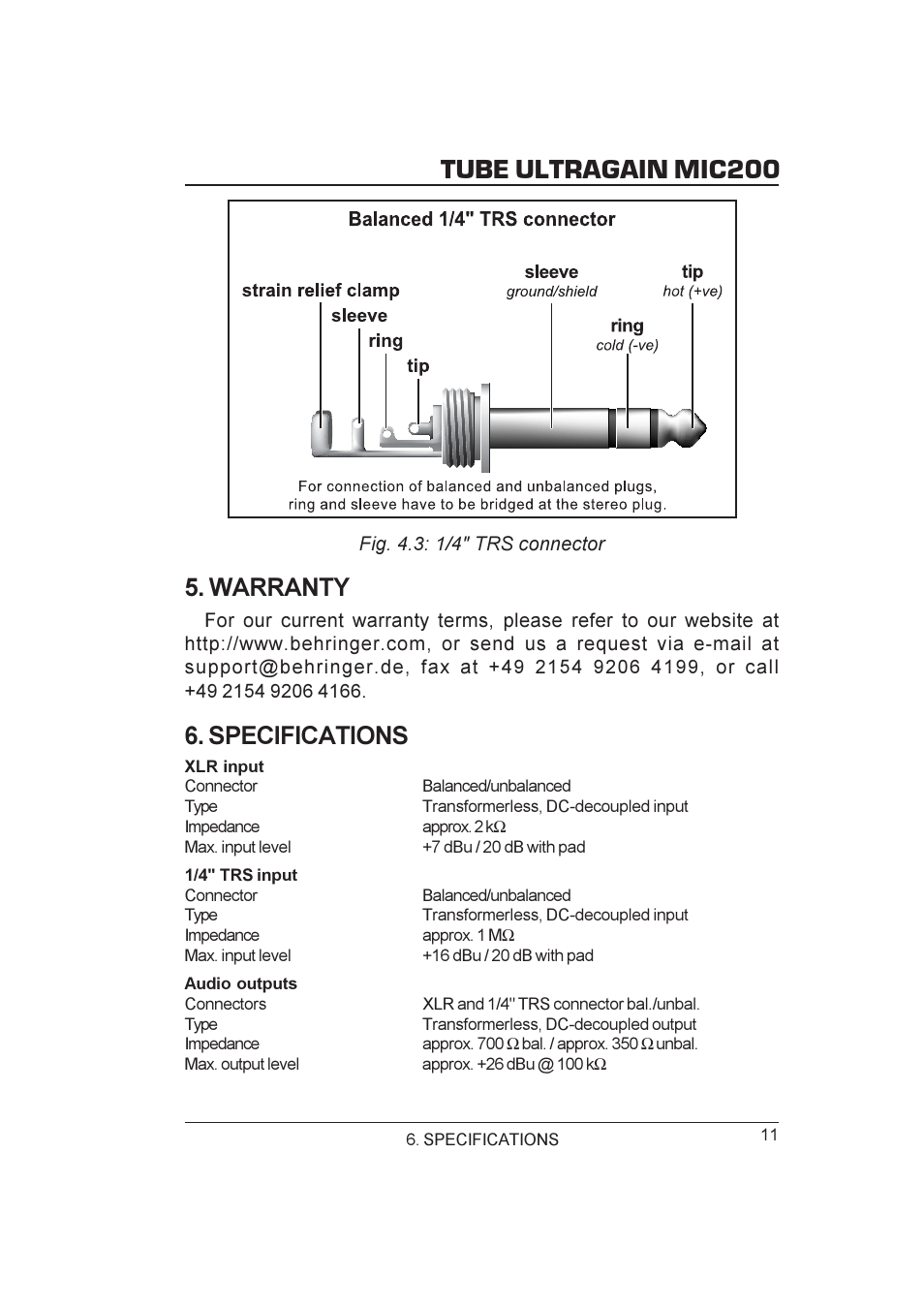 Tube ultragain mic200, Warranty, Specifications | Behringer MIC200 User Manual | Page 11 / 12