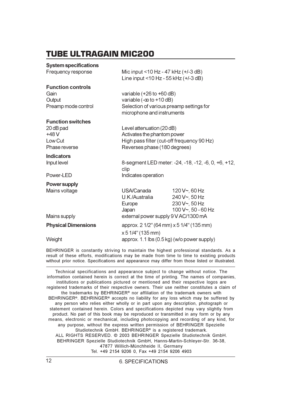 Tube ultragain mic200 | Behringer MIC200 User Manual | Page 12 / 12