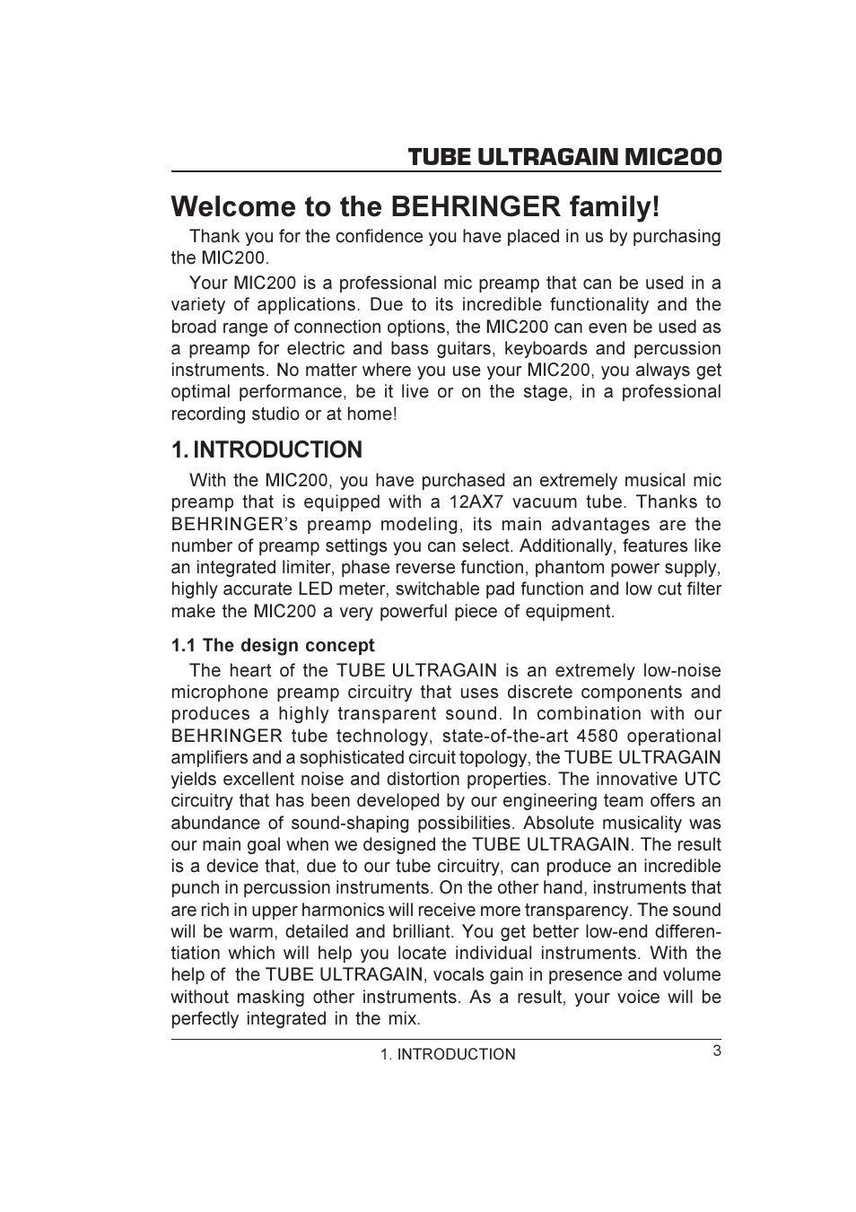 Welcome to the behringer family, Tube ultragain mic200, Introduction | Behringer MIC200 User Manual | Page 3 / 12