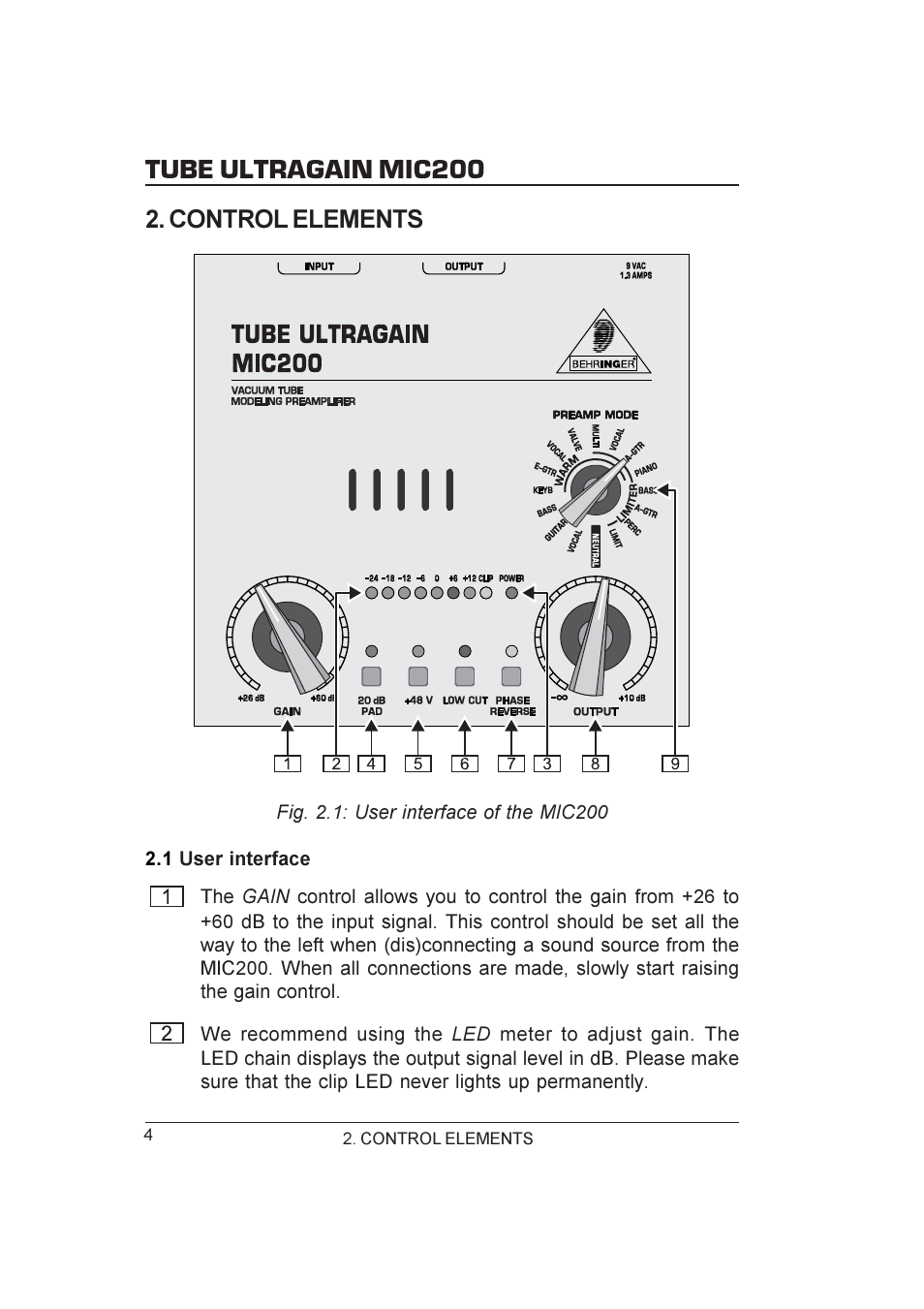 Tube ultragain mic200, Control elements | Behringer MIC200 User Manual | Page 4 / 12