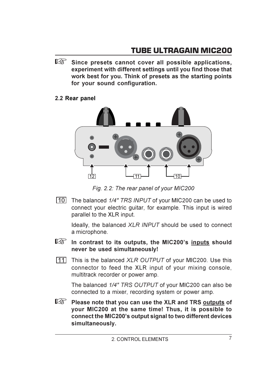 Tube ultragain mic200 | Behringer MIC200 User Manual | Page 7 / 12