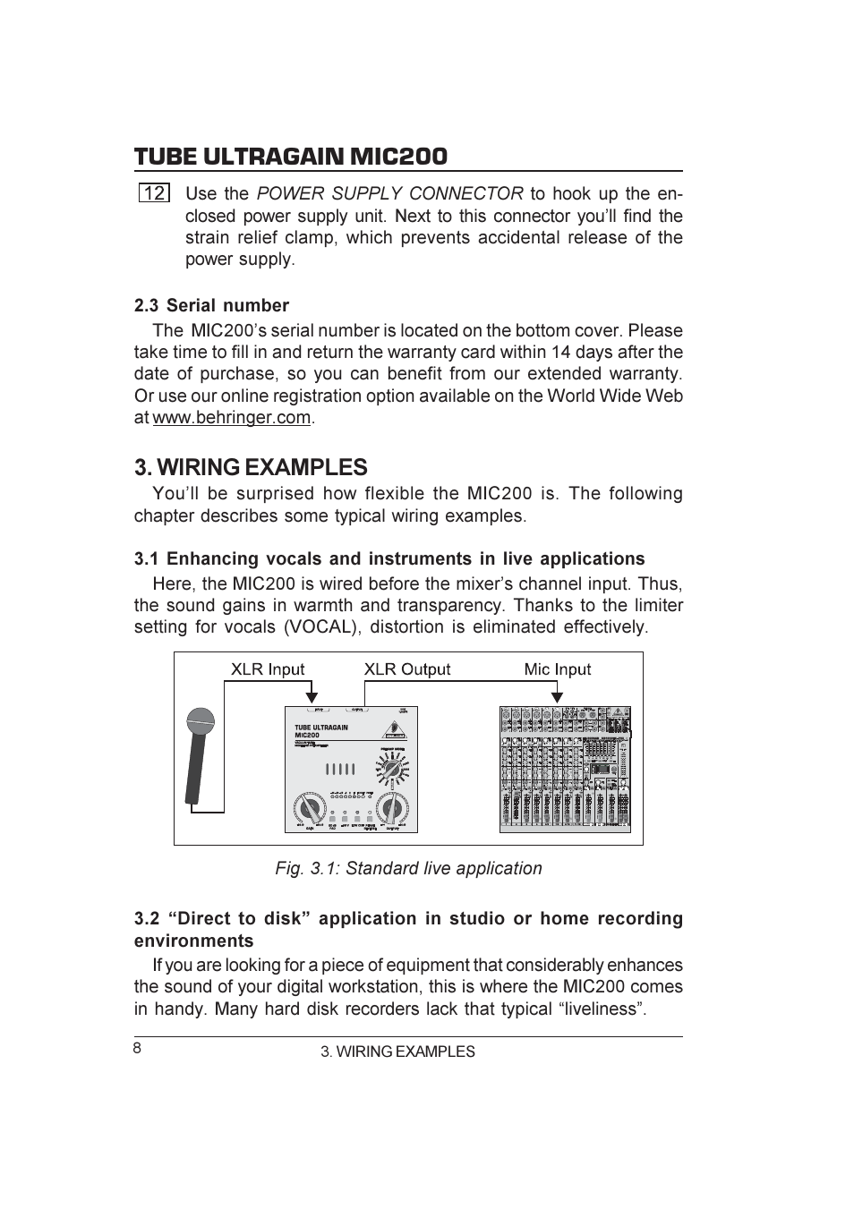 Tube ultragain mic200, Wiring examples | Behringer MIC200 User Manual | Page 8 / 12