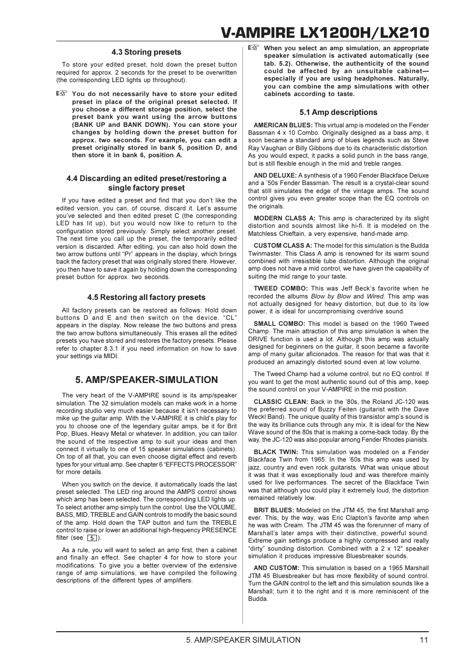 Amp/speaker-simulation | Behringer V-AMPIRE LX1200H/LX210 User Manual | Page 11 / 19