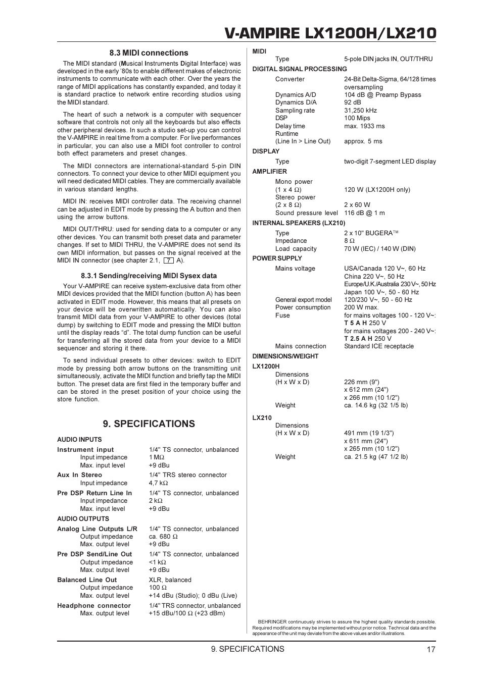 Specifications, Specifications 8.3 midi connections | Behringer V-AMPIRE LX1200H/LX210 User Manual | Page 17 / 19