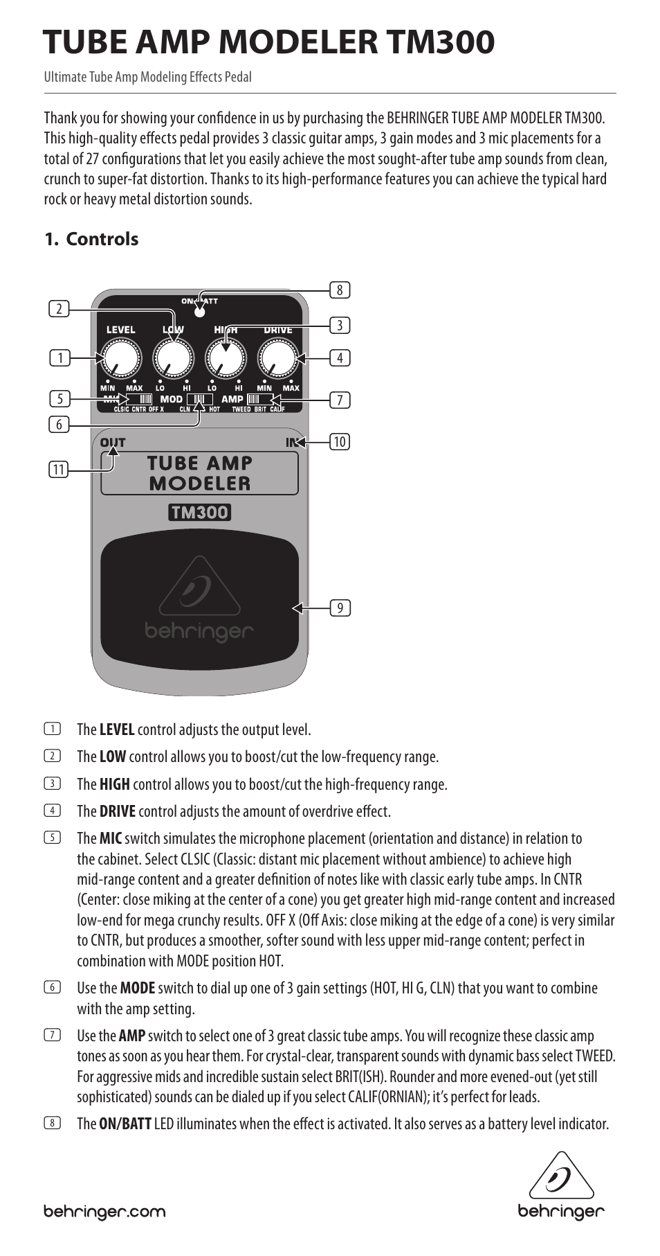 Behringer Ultimate Tube Amp Modeling Effects Pedal TM300 User Manual | 2 pages