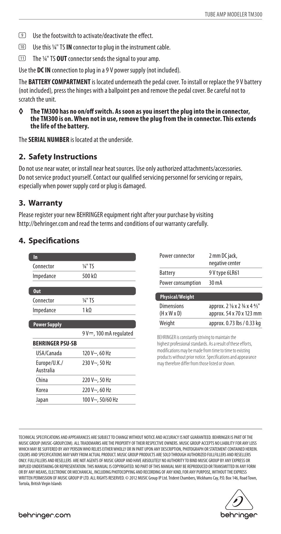 Safety instructions, Warranty, Specifications | Behringer Ultimate Tube Amp Modeling Effects Pedal TM300 User Manual | Page 2 / 2