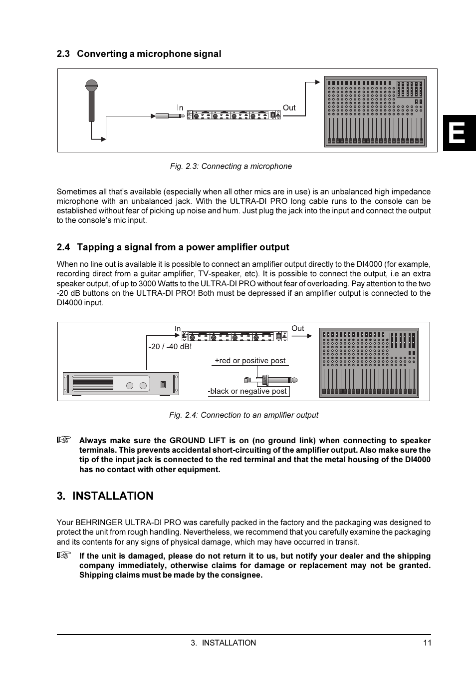 3 converting a microphone signal, 4 tapping a signal from a power amplifier output, Installation | 1 rack mounting | Behringer PRO DI 4000 User Manual | Page 11 / 15