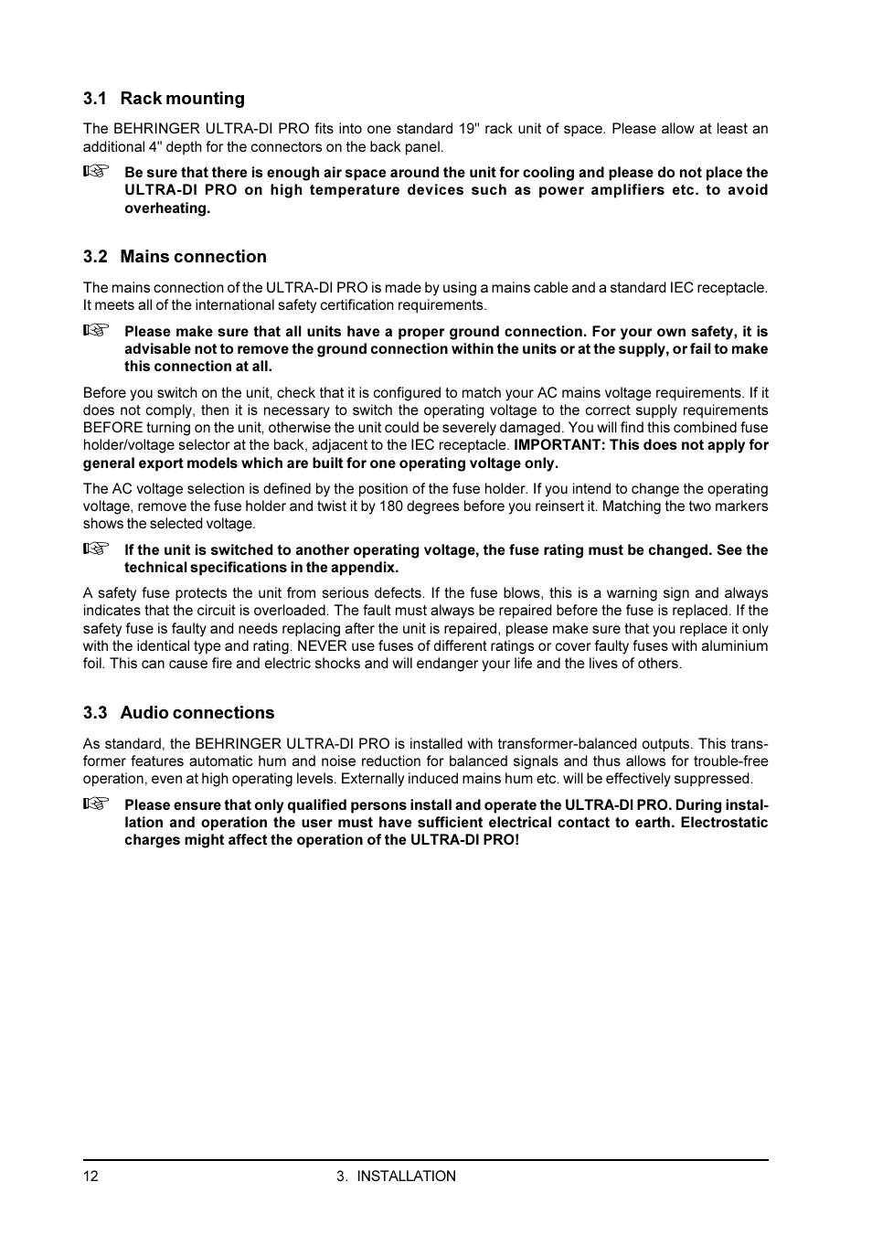 2 mains connection, 3 audio connections, 1 rack mounting | Behringer PRO DI 4000 User Manual | Page 12 / 15