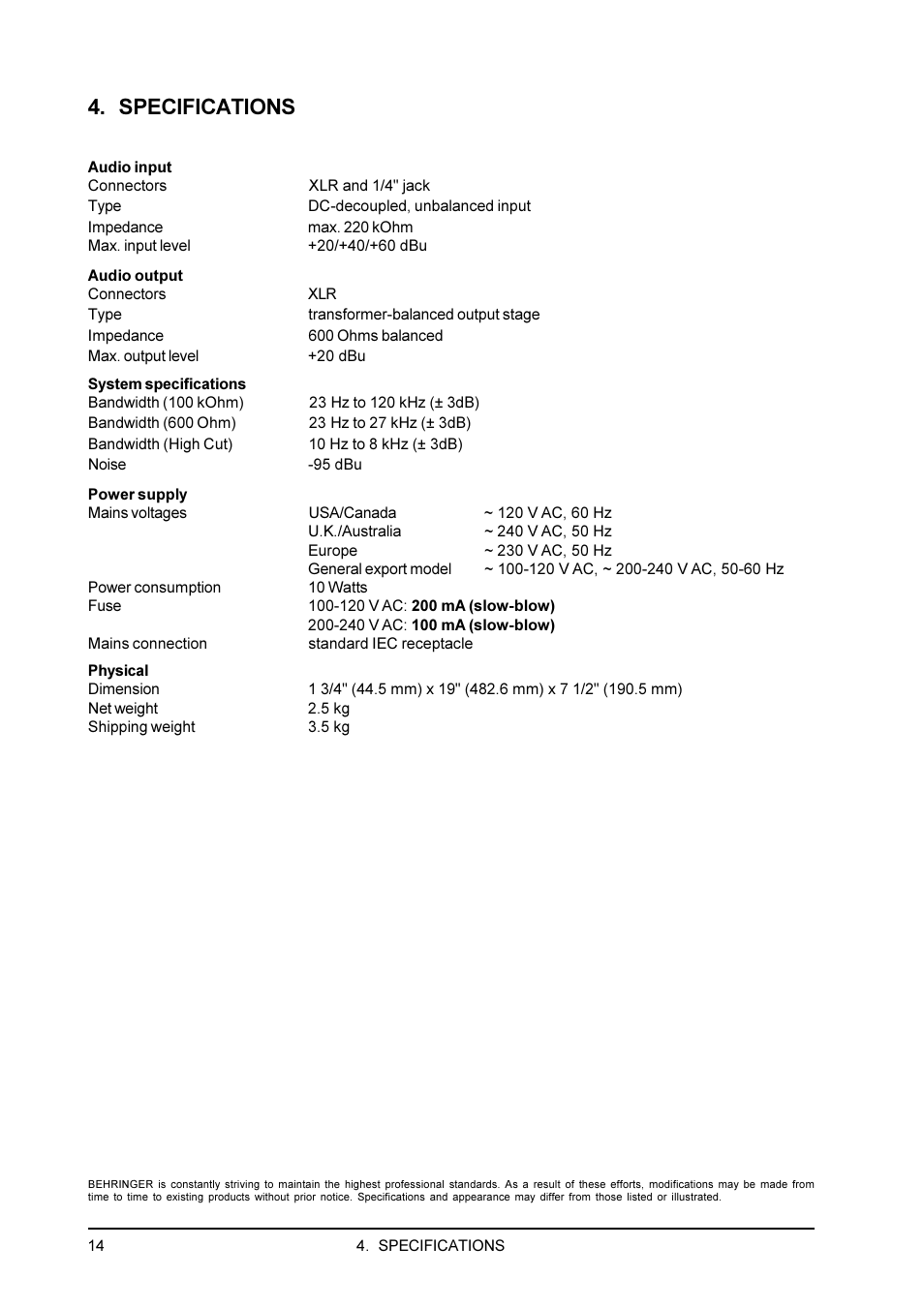 Specifications, Warranty | Behringer PRO DI 4000 User Manual | Page 14 / 15