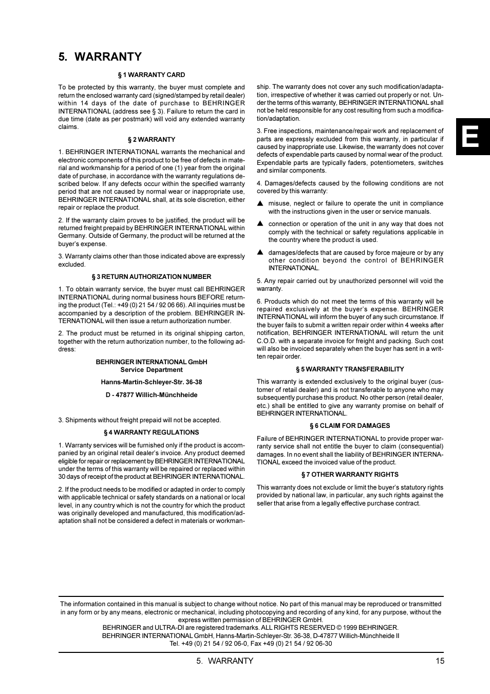 Warranty | Behringer PRO DI 4000 User Manual | Page 15 / 15