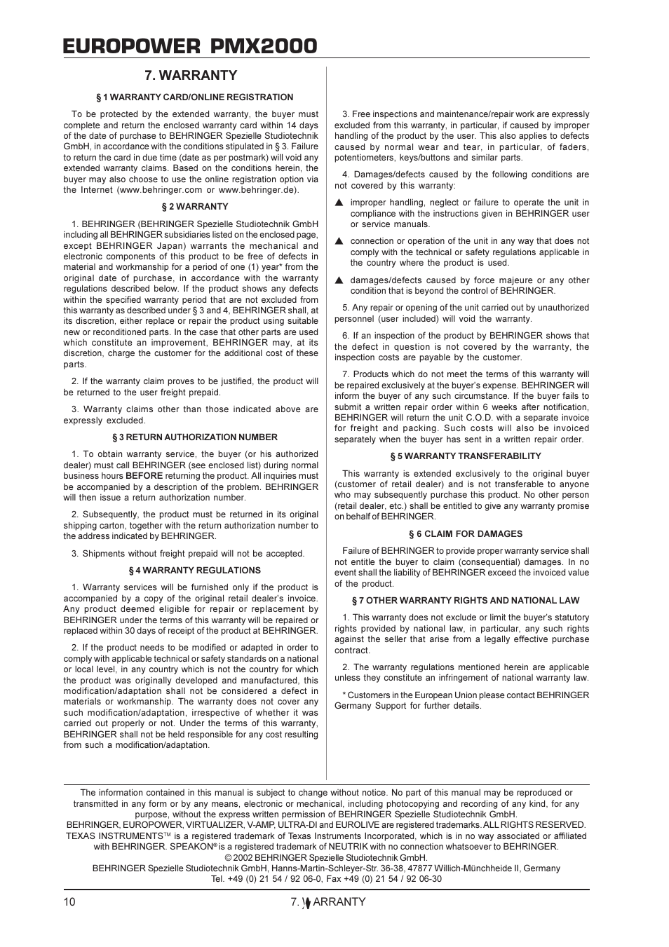 Europower pmx2000, Warranty | Behringer EUROPOWER PMX2000 User Manual | Page 10 / 10
