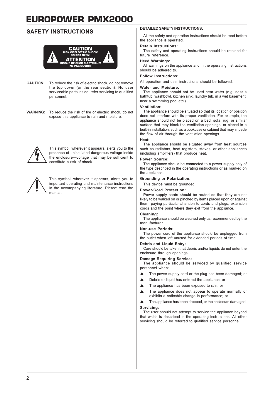 Europower pmx2000, Safety instructions | Behringer EUROPOWER PMX2000 User Manual | Page 2 / 10