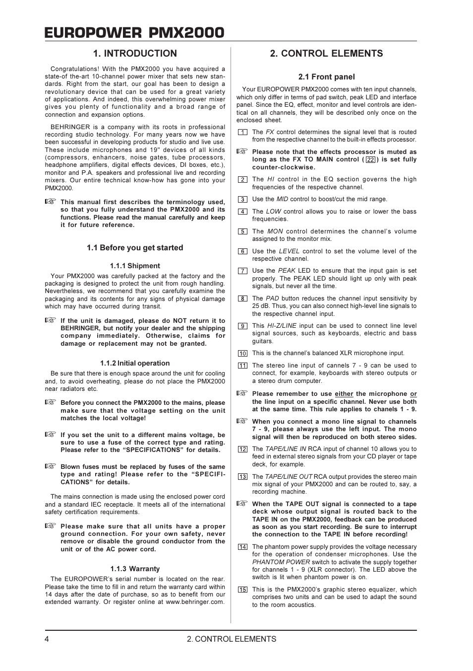 Europower pmx2000, Introduction, Control elements | Behringer EUROPOWER PMX2000 User Manual | Page 4 / 10