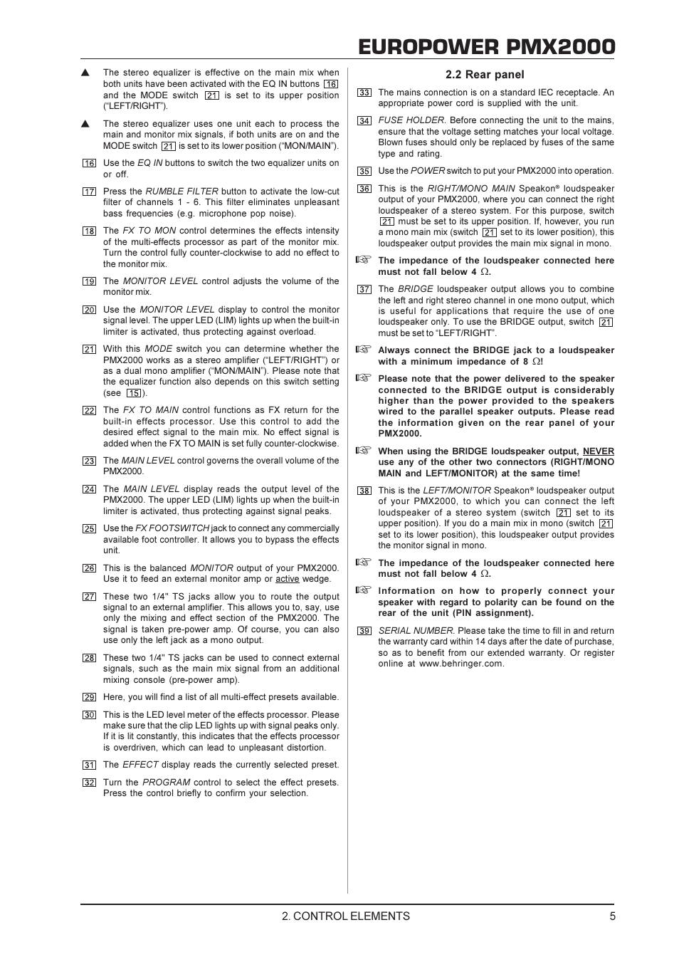 Europower pmx2000 | Behringer EUROPOWER PMX2000 User Manual | Page 5 / 10