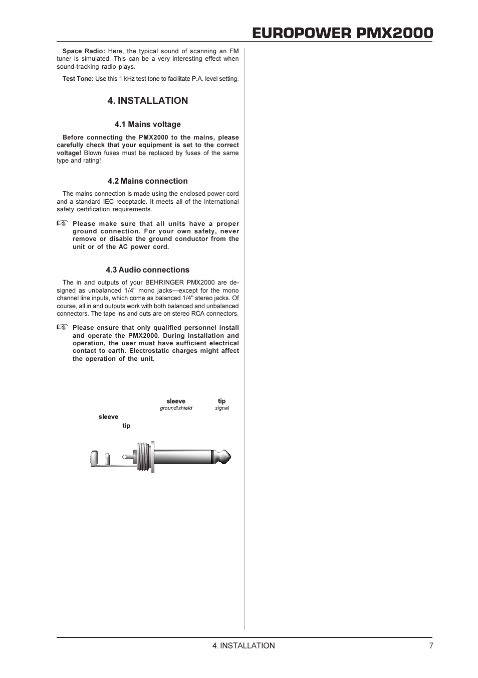Europower pmx2000, Installation | Behringer EUROPOWER PMX2000 User Manual | Page 7 / 10