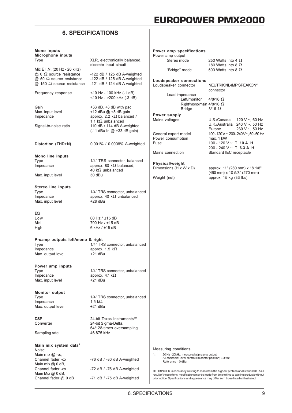 Europower pmx2000, Specifications | Behringer EUROPOWER PMX2000 User Manual | Page 9 / 10