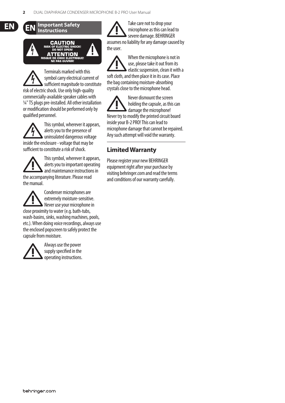 Behringer Gold-Sputtered Larg Dual-Diaphragm Studio Condenser Microphone B-2 Pro User Manual | Page 2 / 5