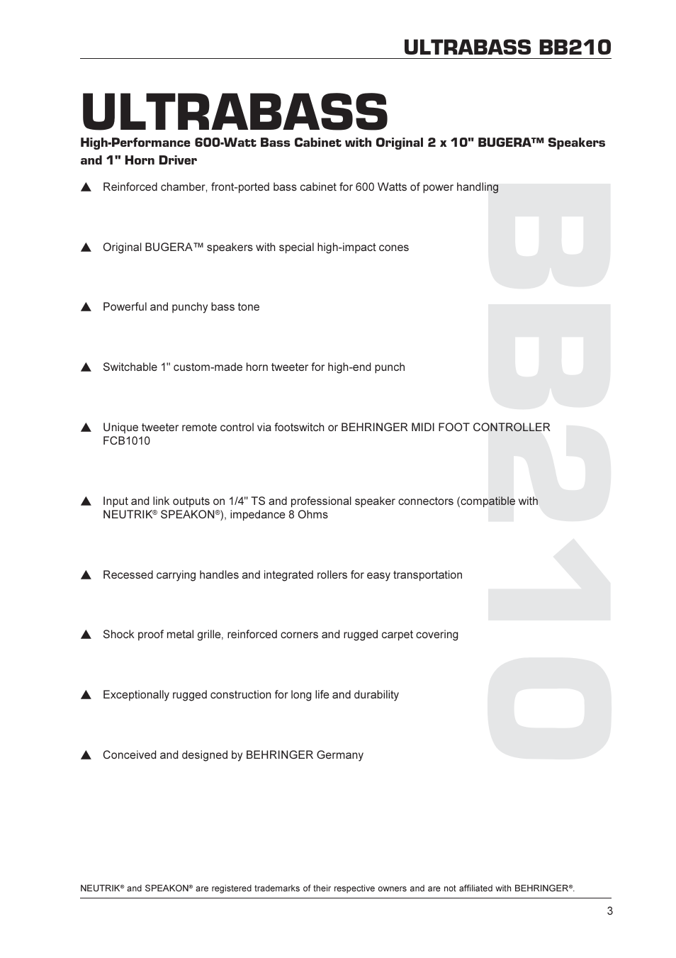 Bb210, Ultrabass, Ultrabass bb210 | Behringer Ultrabass BB210 User Manual | Page 3 / 9