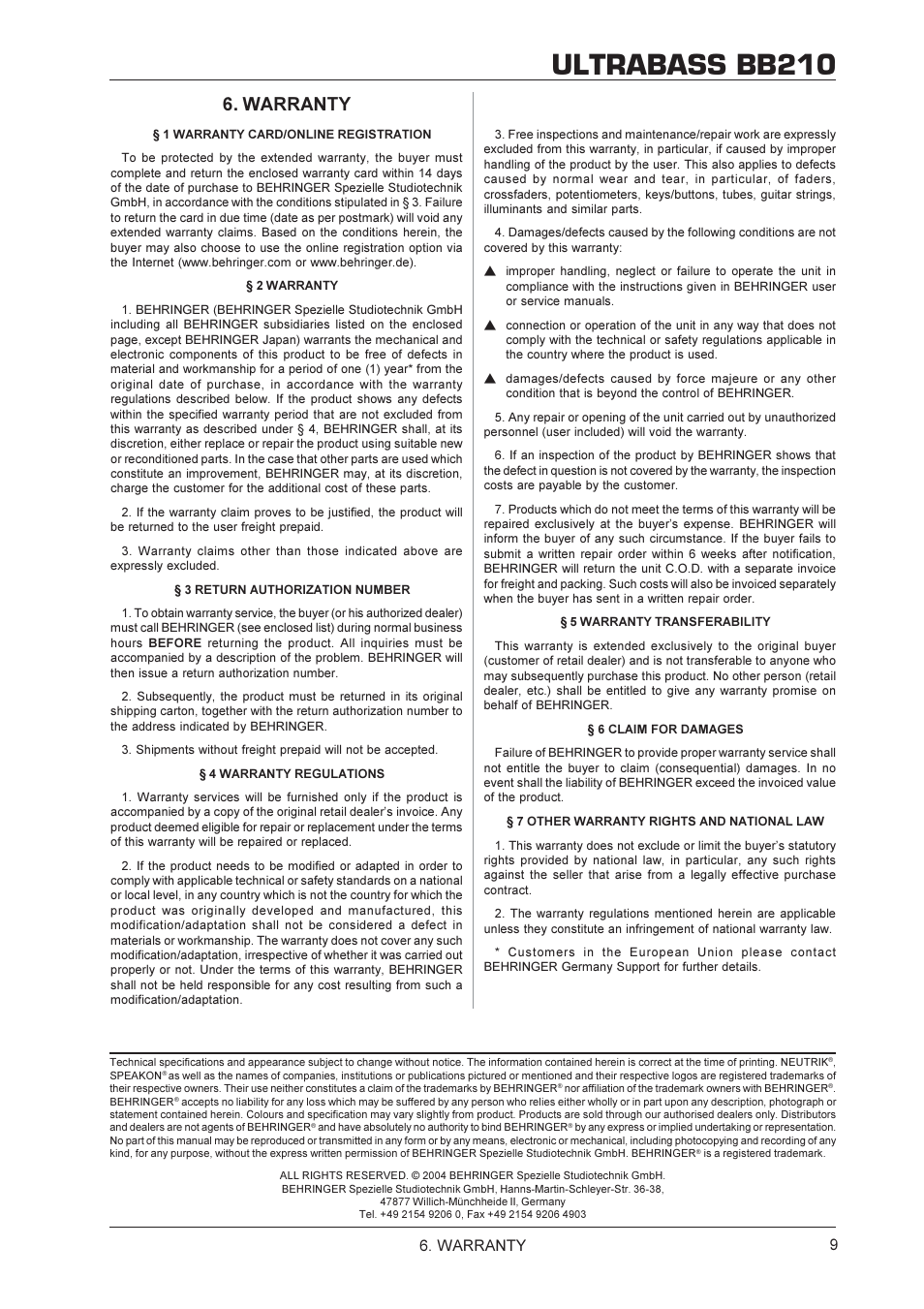 Ultrabass bb210, Warranty | Behringer Ultrabass BB210 User Manual | Page 9 / 9
