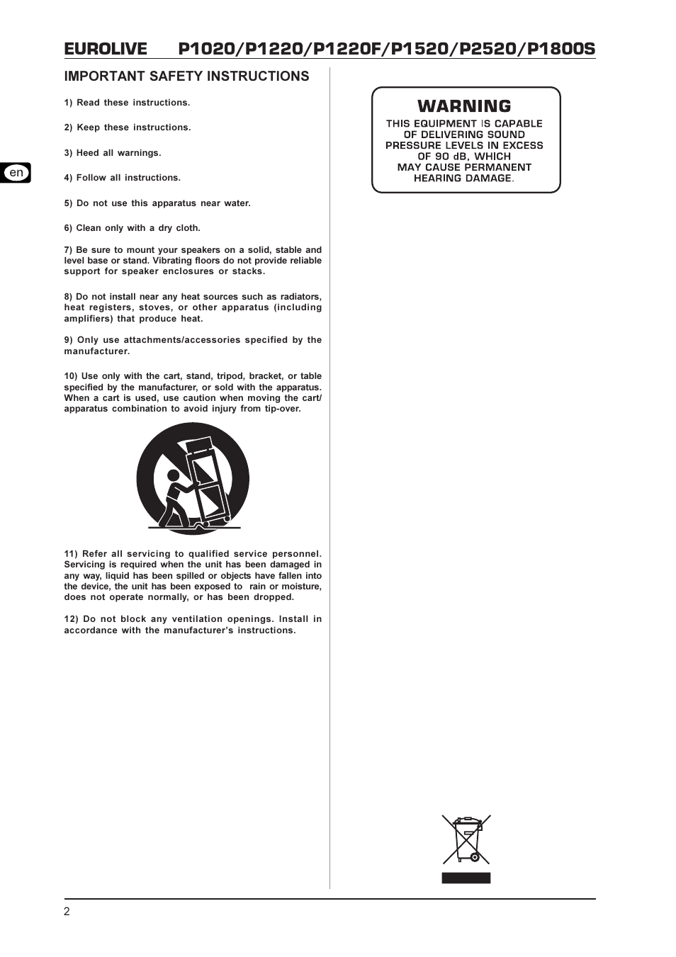 Important safety instructions | Behringer P2520 User Manual | Page 2 / 7