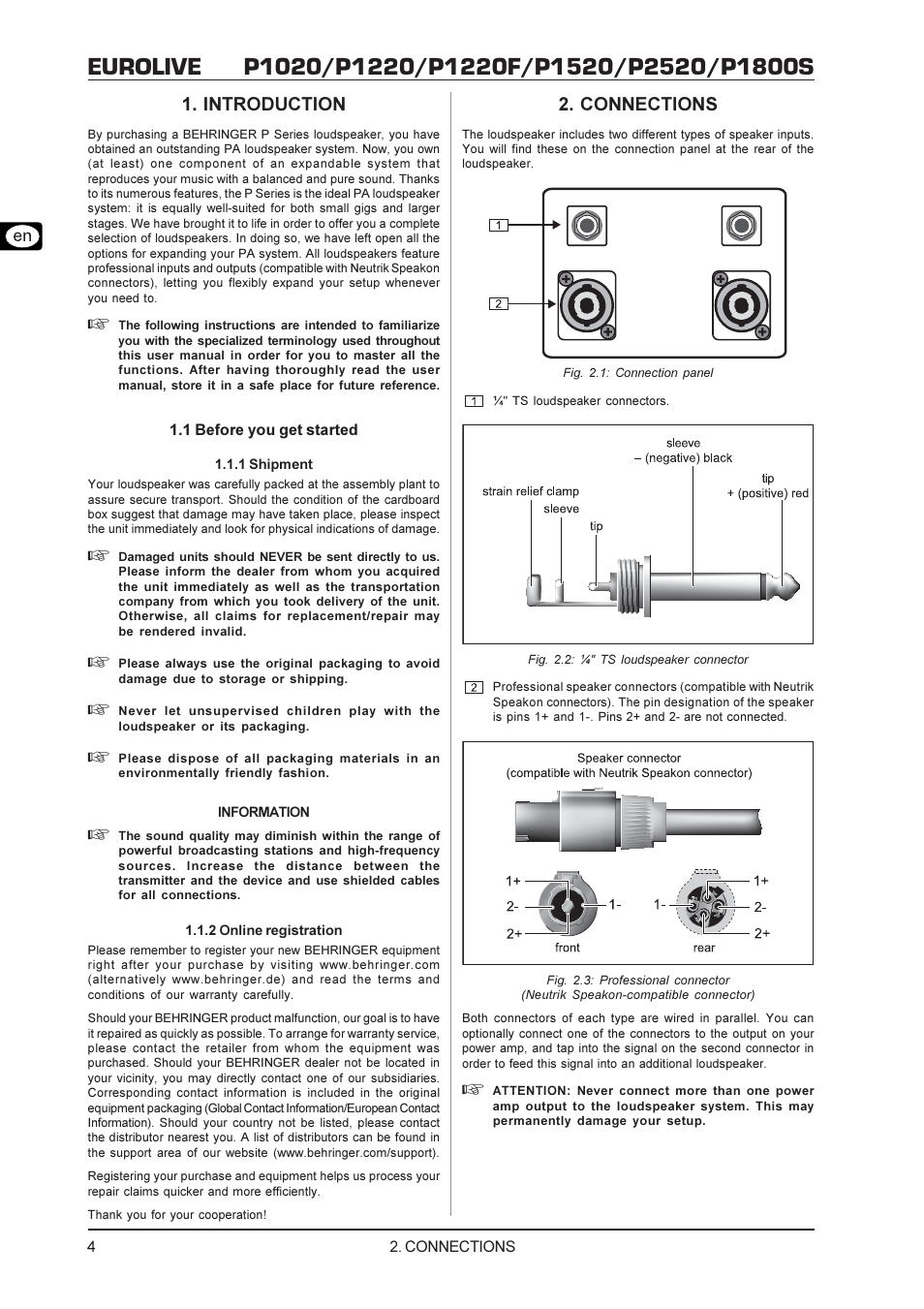 Introduction, Connections | Behringer P2520 User Manual | Page 4 / 7