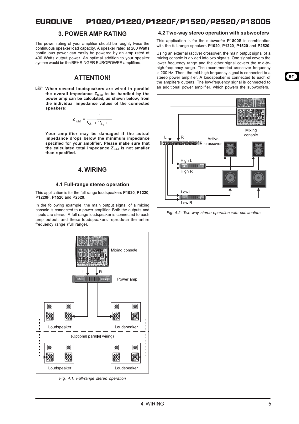 Power amp rating, Attention, Wiring | Behringer P2520 User Manual | Page 5 / 7