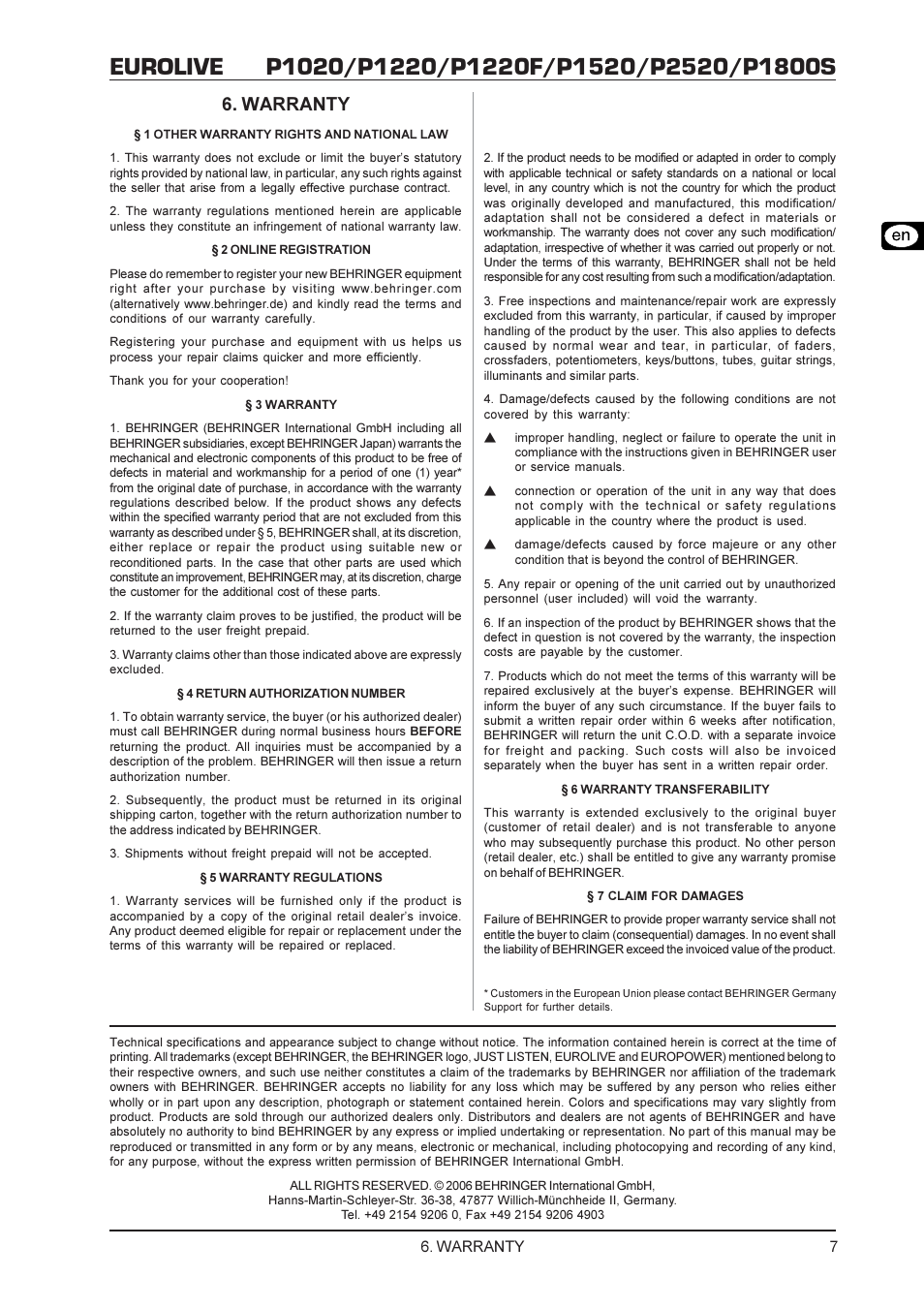 Warranty | Behringer P2520 User Manual | Page 7 / 7