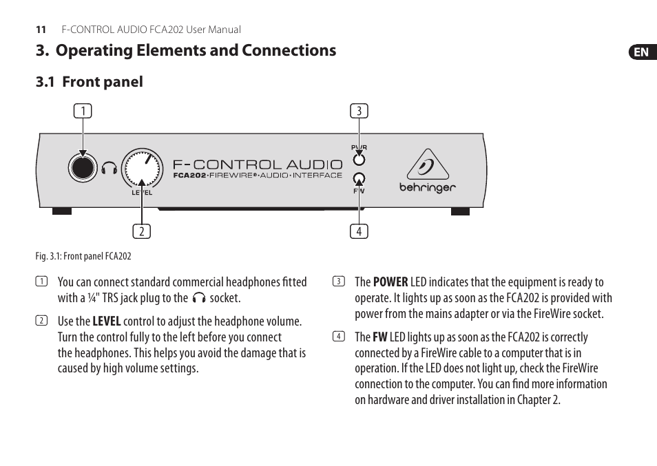 Operating elements and connections, Operating elements and, Connections | Behringer F-Control Audio FCA202 User Manual | Page 11 / 25