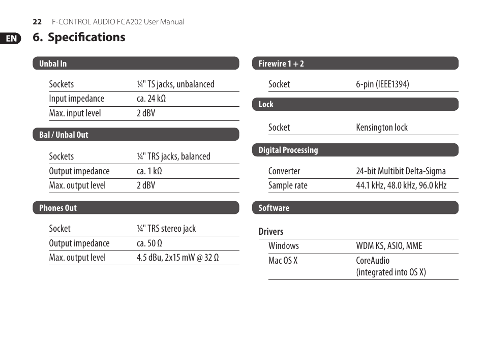 Specifications | Behringer F-Control Audio FCA202 User Manual | Page 22 / 25