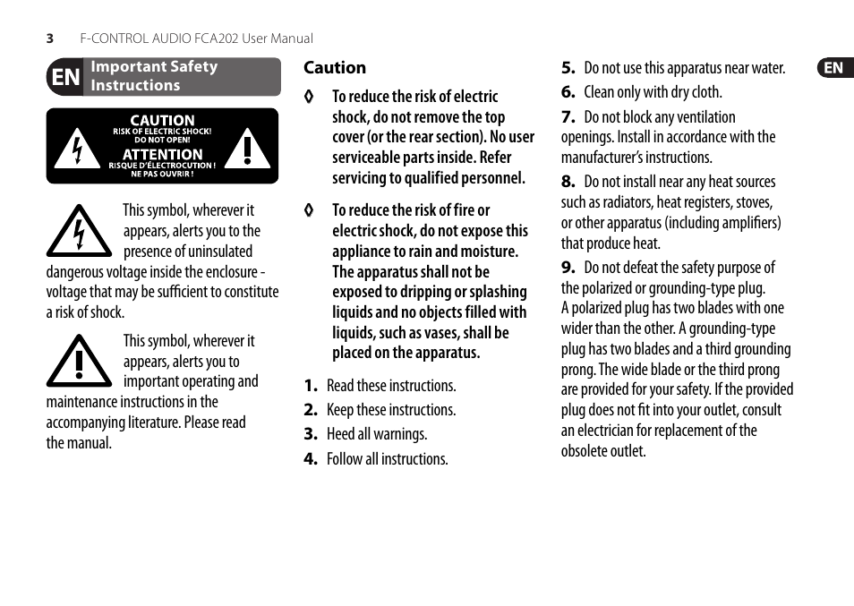 Important safety instructions | Behringer F-Control Audio FCA202 User Manual | Page 3 / 25