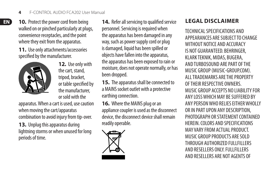 Legal disclaimer | Behringer F-Control Audio FCA202 User Manual | Page 4 / 25