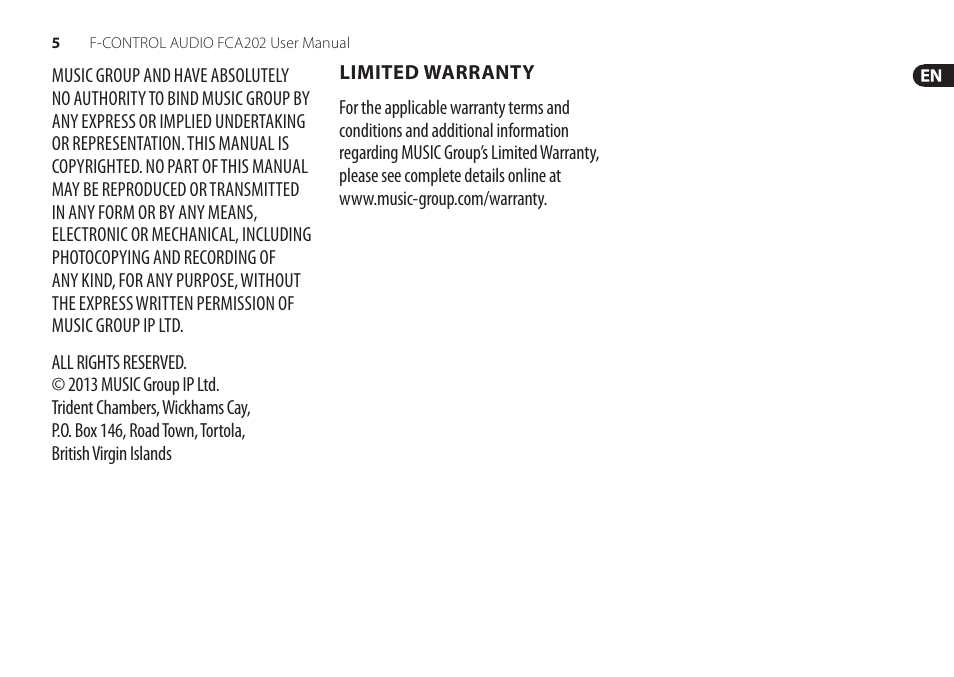 Limited warranty | Behringer F-Control Audio FCA202 User Manual | Page 5 / 25