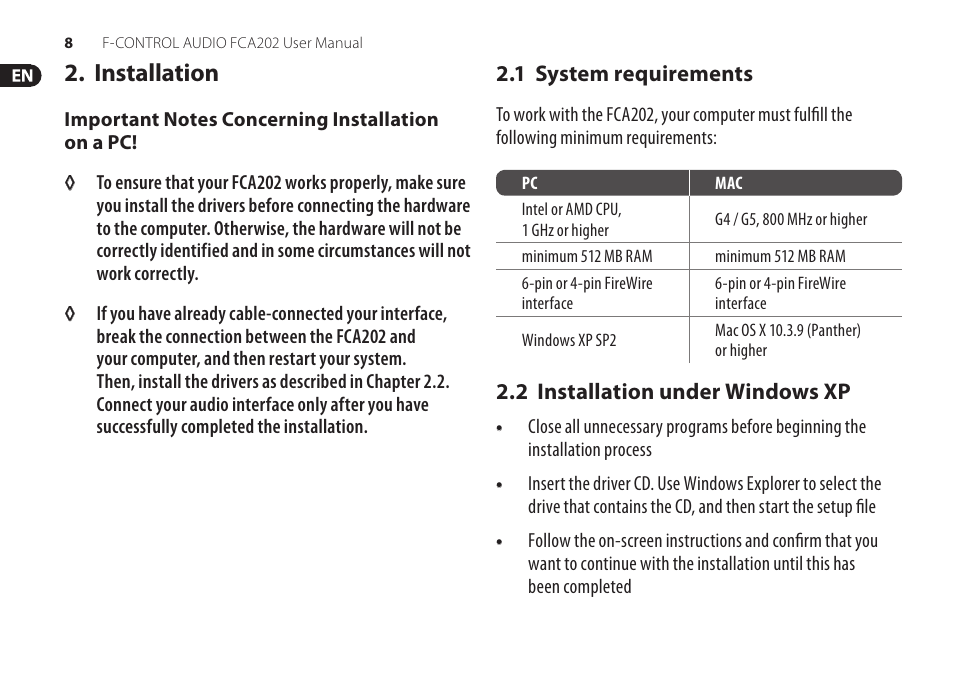 Installation | Behringer F-Control Audio FCA202 User Manual | Page 8 / 25